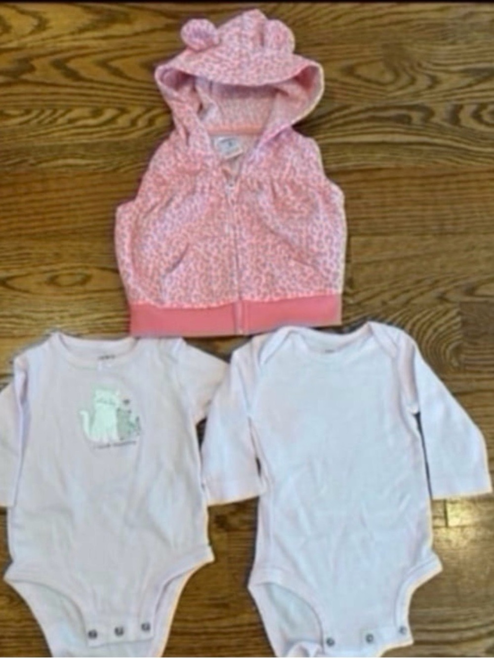 Carters baby girl pink lone sleeves onesie and pink leopard fleece vest- 3 month